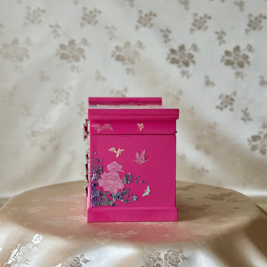 Mother of Pearl Jewelry Chest: Pink Ground, Peony Motif in Scholar’s Desk Form