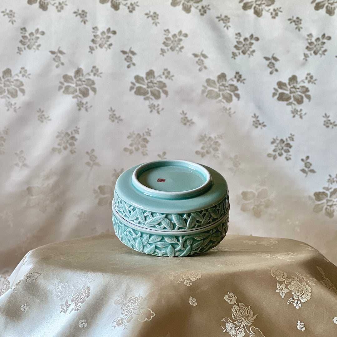 Celadon-Glazed Porcelain Covered Box and Single-Stem Vase: Pomegranate Motif