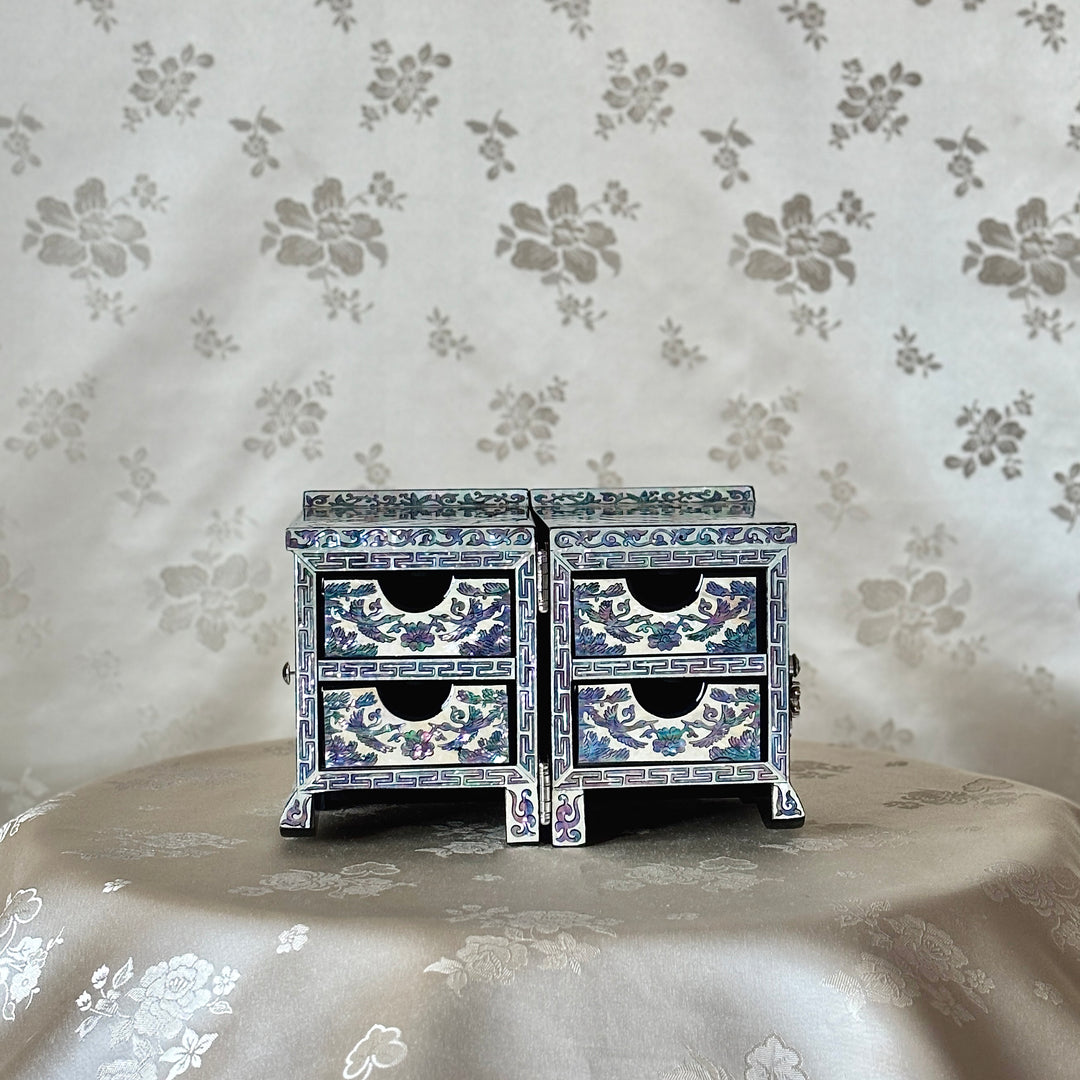 Mother of Pearl Jewelry Chest Pair: Black Body with Pine and Crane Motif in Scholar’s Desk Form