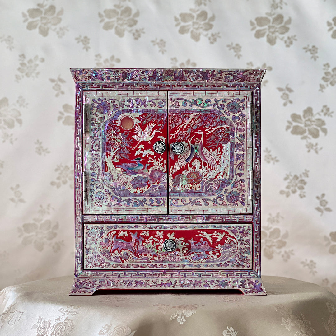 Mother-of-Pearl Double-Door Jewelry Chest: Longevity Motif, Red Ground
