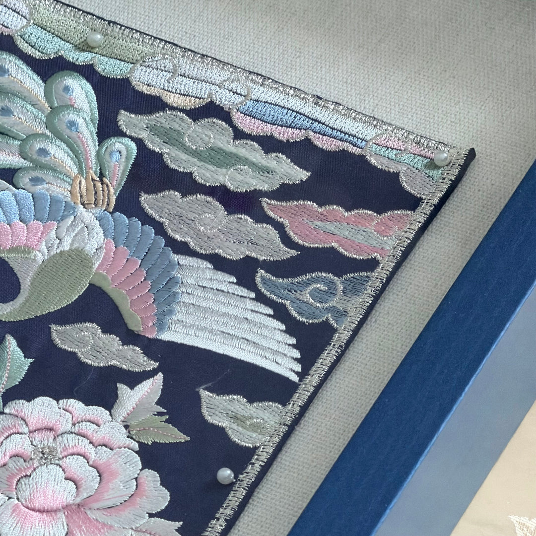 Embroidered Art Panel: Peacock Pair and Peony Motif on Navy Ground