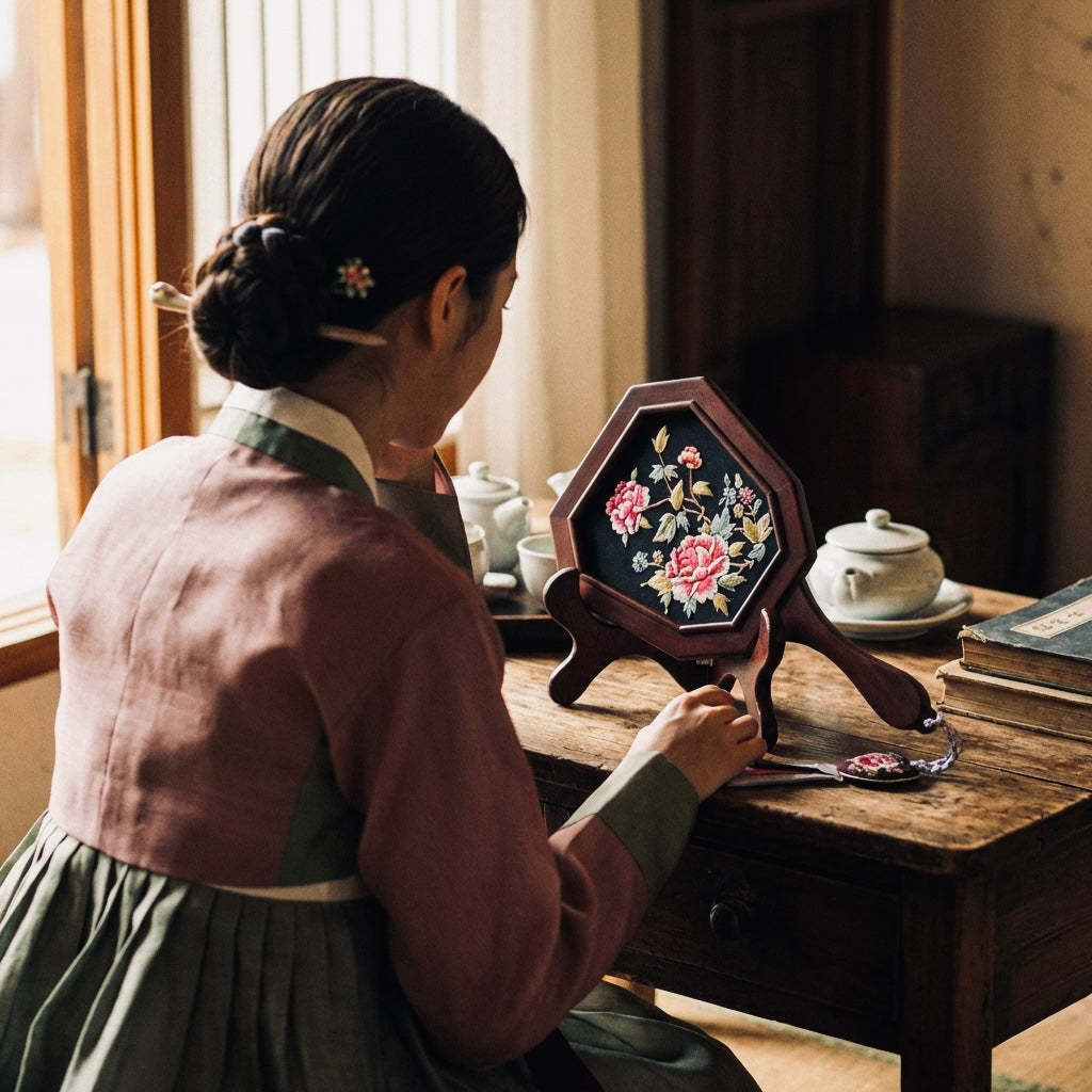 Embroidered Hand Mirror: Large, Octagonal Shape, Peony Garden Motif
