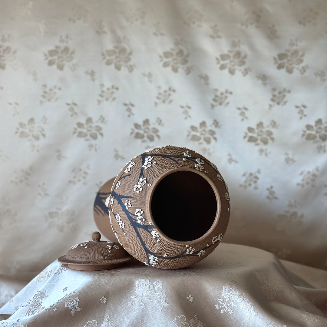 Unglazed Ceramic Maebyeong Jar with Lid: Inlaid Plum Blossom Branches