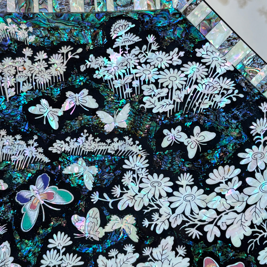 Mother of Pearl Octagonal Tray: Chrysanthemum and Butterfly on Abalone