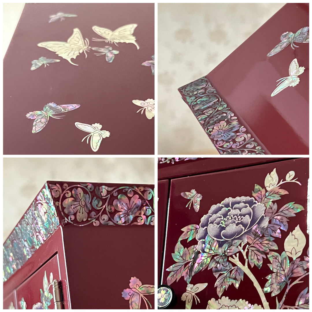 Mother-of-Pearl Double-Doored Jewelry Chest: Peony, Butterfly and Bird Motif on Wine Ground