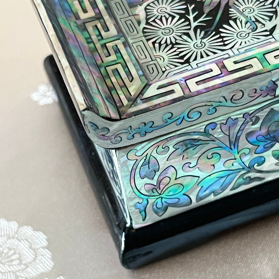 Mother-of-Pearl Lidded Box: Scholar’s Desk-Inspired Form with Crane and Pine Motif