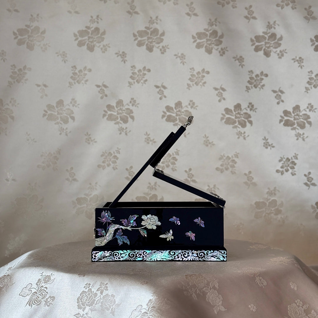 Mother of Pearl Vanity Chest with Mirror Stand: Black Body, Peony Motif