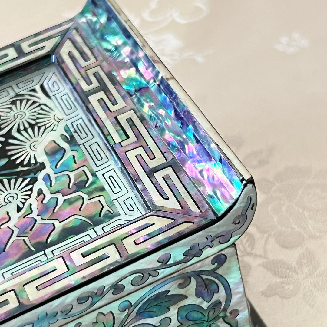 Mother-of-Pearl Lidded Box: Scholar’s Desk-Inspired Form with Crane and Pine Motif