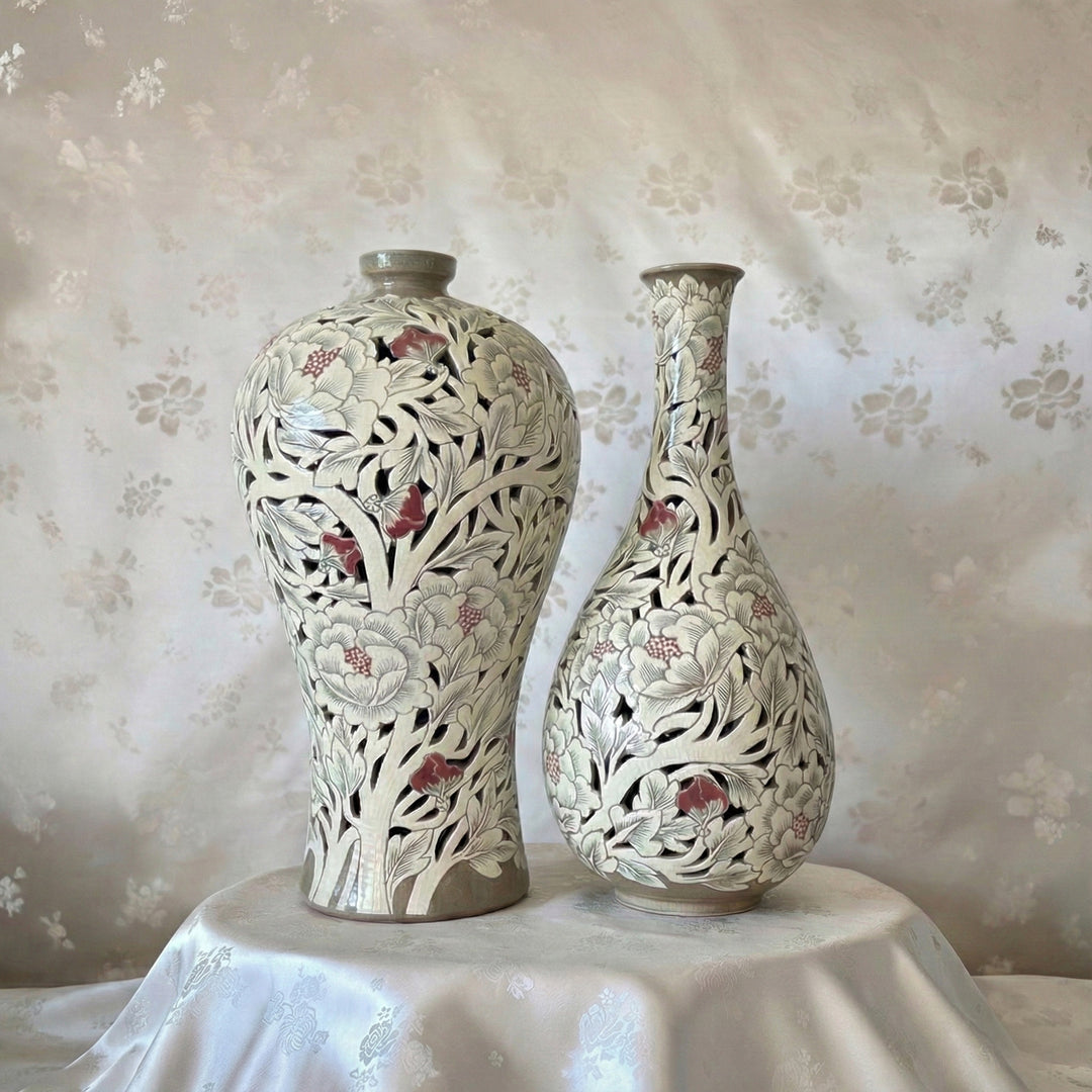[Made to Order] Buncheong Openwork Vase Set: Grand-Scale, White Slip with Carved Peony Motif