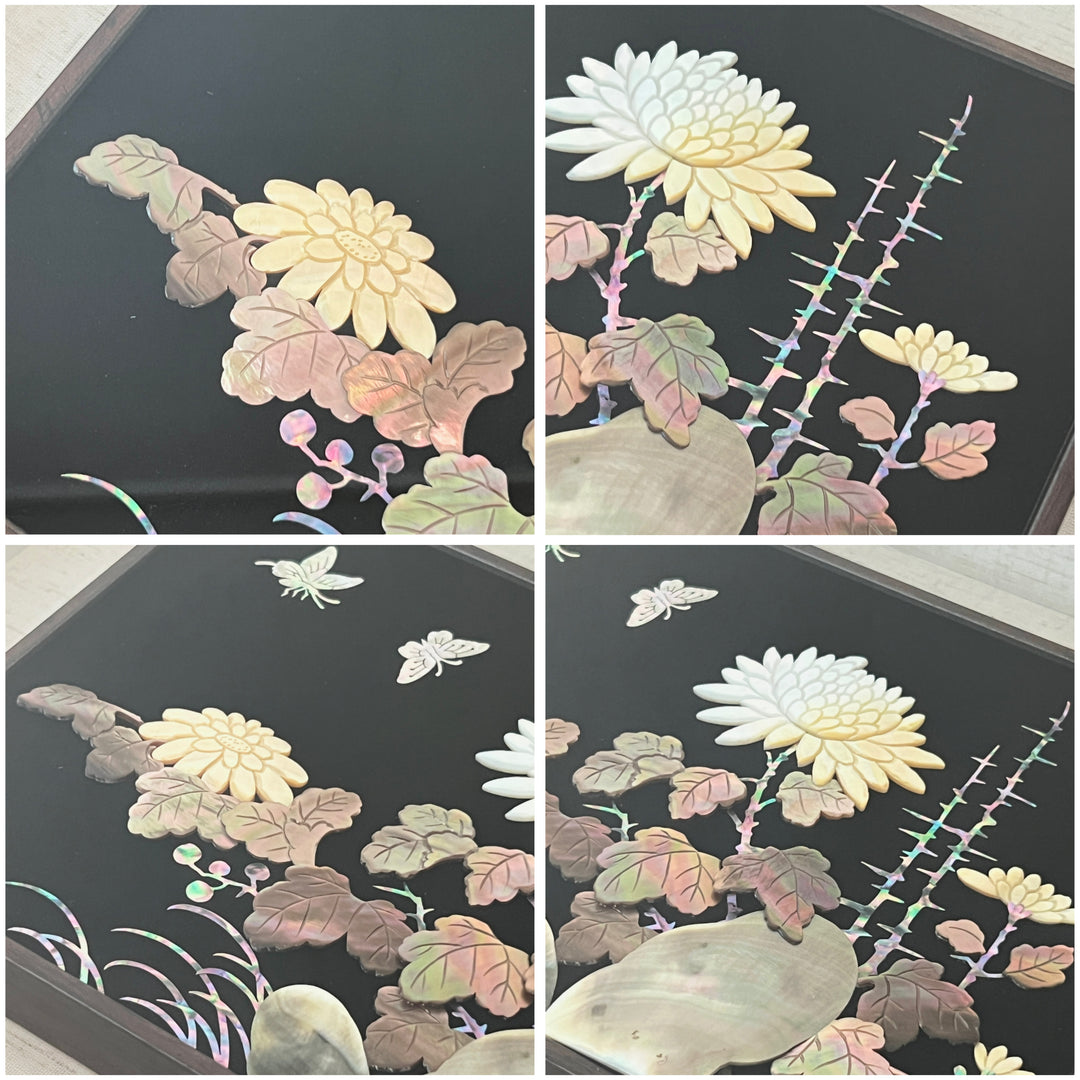 Mother of Pearl Craftwork with Chrysanthemum in Wooden Frame (자개 원패 국화문 액자)