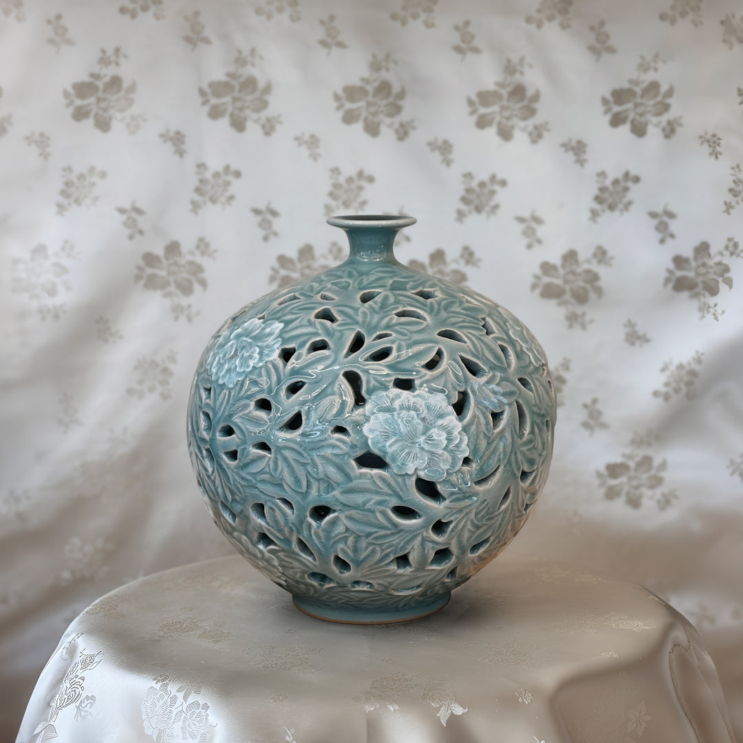 Celadon Vase: Double-Wall Openwork Design with Peony Motif by Master Artisan