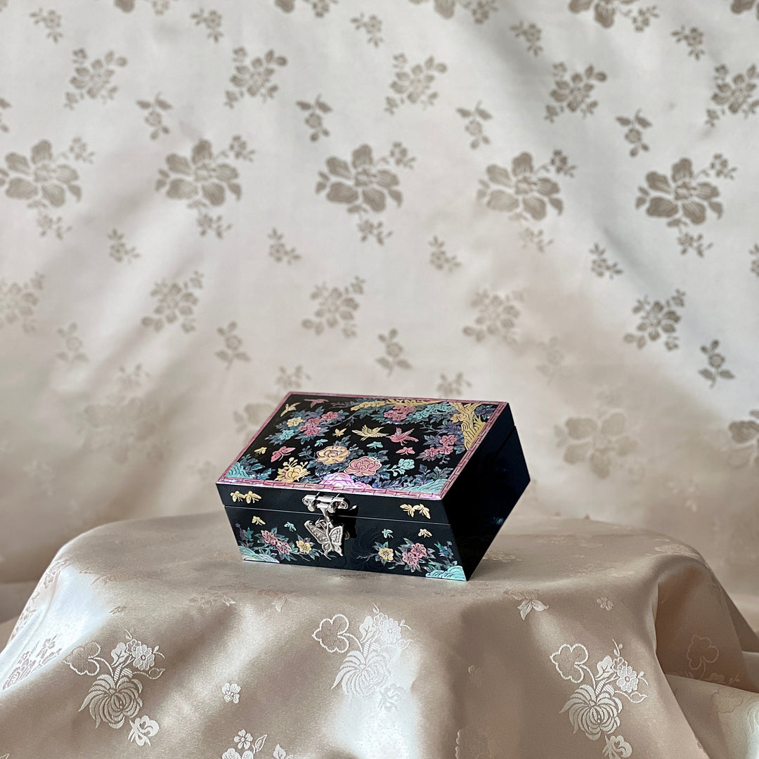Mother-of-Pearl Jewelry Box: Plum Blossom and Bird Floral Motif on Black Ground