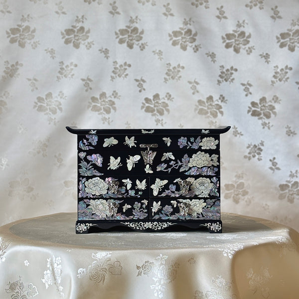 Mother-of-pearl jewelry chest with butterfly and peony inlay in scholar's desk form