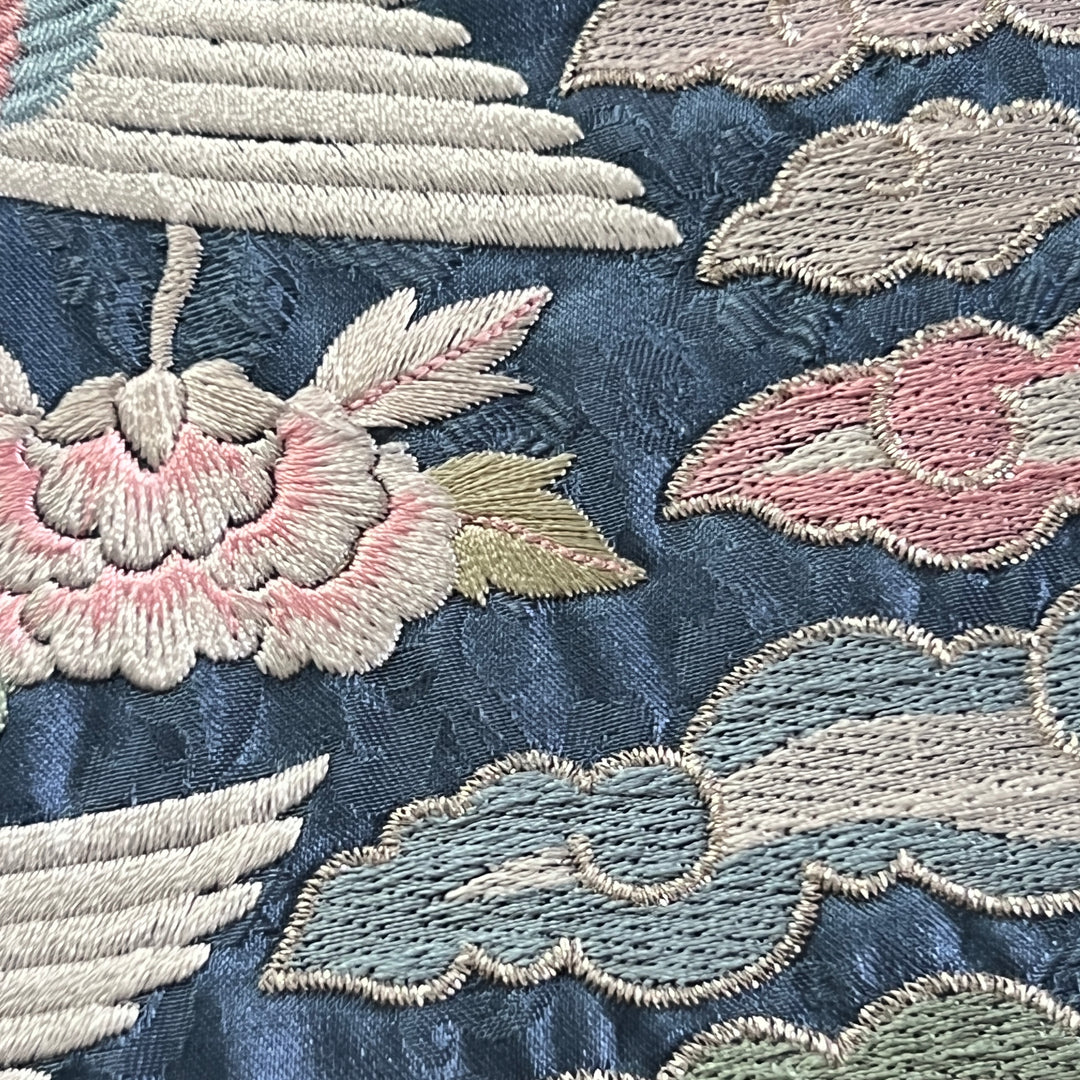 Embroidered Art Panel: Double Peacock and Peony Motif on Deep Blue Ground