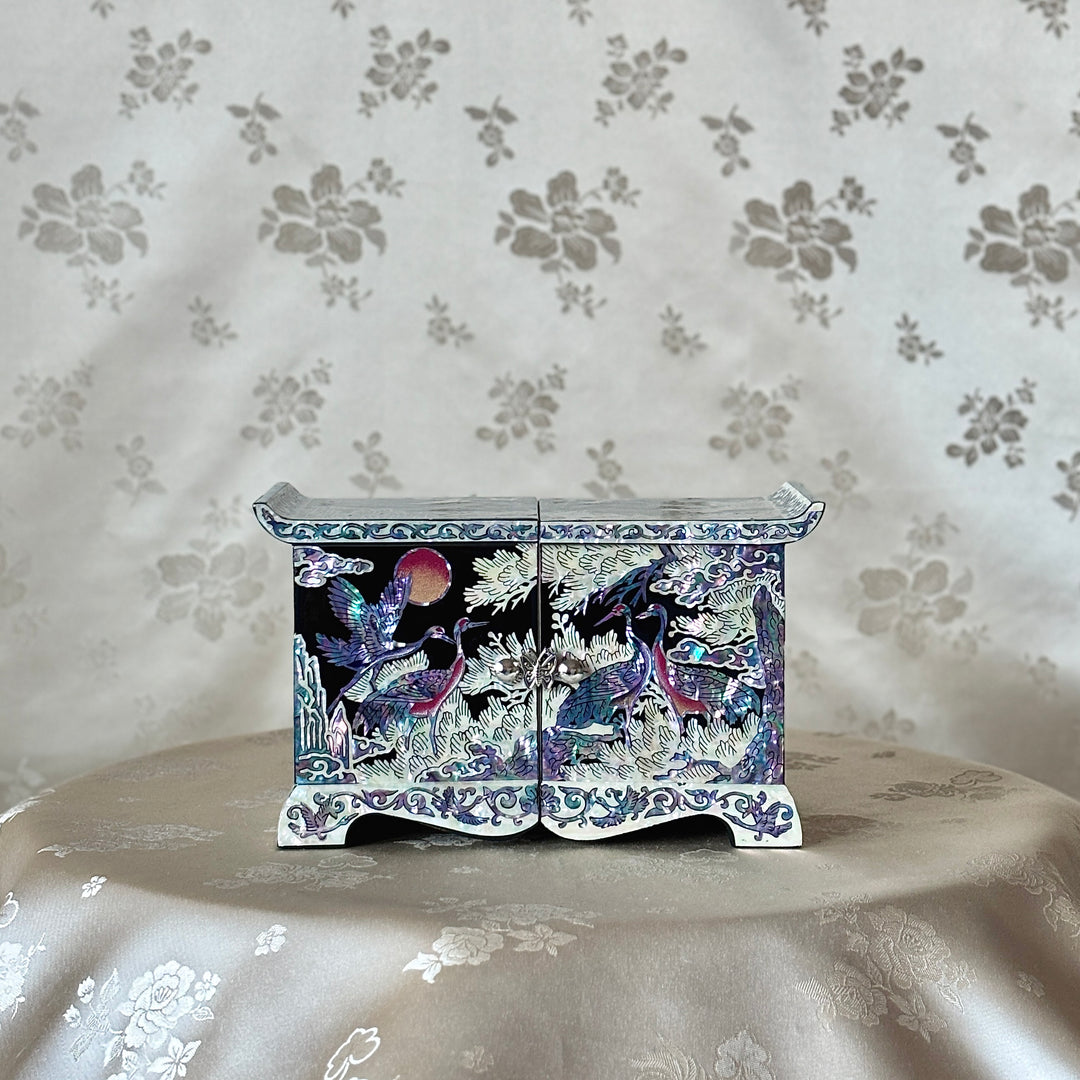 Mother of Pearl Jewelry Chest Pair: Black Body with Pine and Crane Motif in Scholar’s Desk Form