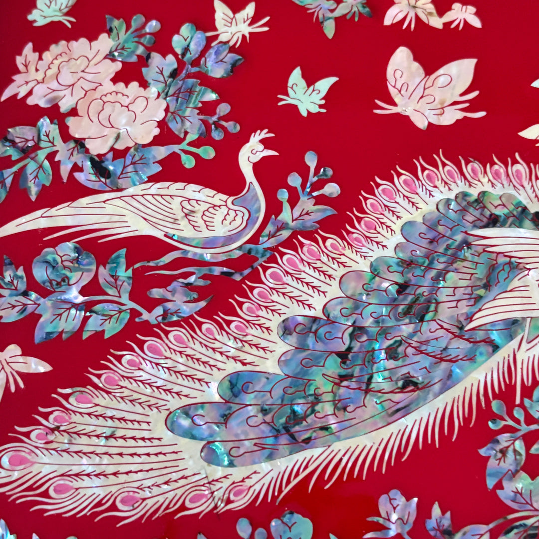 Mother-of-Pearl Jewelry Chest: Red Body with Peacock Motif in Scholar’s Desk Form