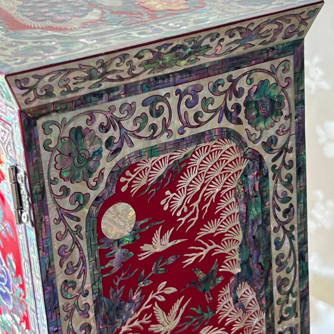 Mother-of-Pearl Double-Doored Jewelry Chest: Grand Scale, Longevity Motif on Red Ground