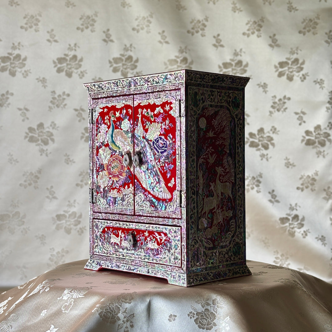 Mother-of-Pearl Double-Doored Jewelry Chest: Grand Scale, Longevity Motif on Red Ground