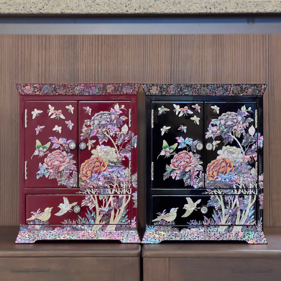 Mother-of-Pearl Double-Doored Jewelry Chest: Peony and Bird Motif on Black Ground