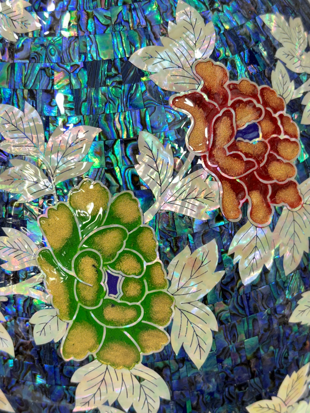 Mother-of-Pearl Ceramic Vase: Butterfly and Peony Motif on Deep Blue Abalone