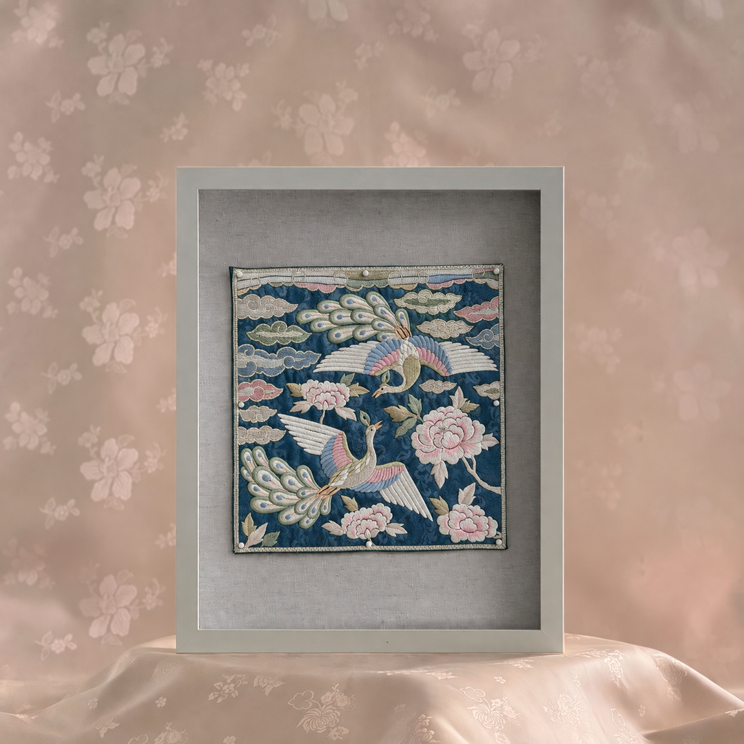 Embroidered Art Panel: Double Peacock and Peony Motif on Deep Blue Ground