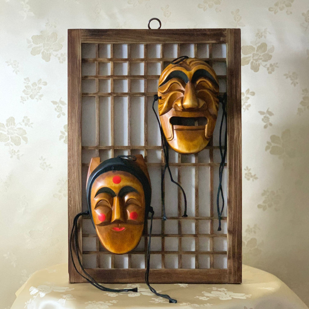 Set of Two Wooden Hahoe Mask for Religious Ceremonies or Dance on Wooden Frame (하회탈 문창살 세트)
