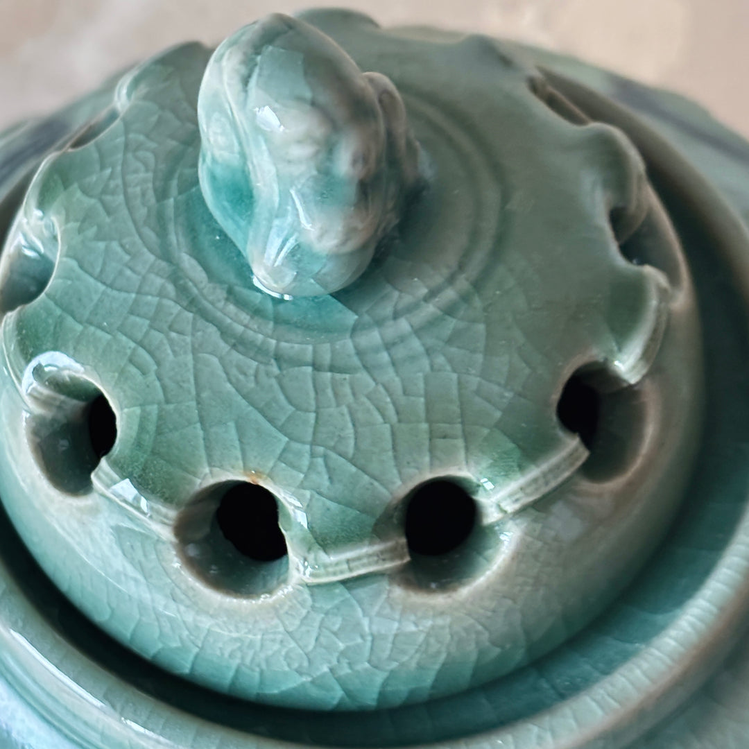 Celadon Incense Burner: Double-Wall Openwork with Inlaid Crane Motif and Dragon Handles