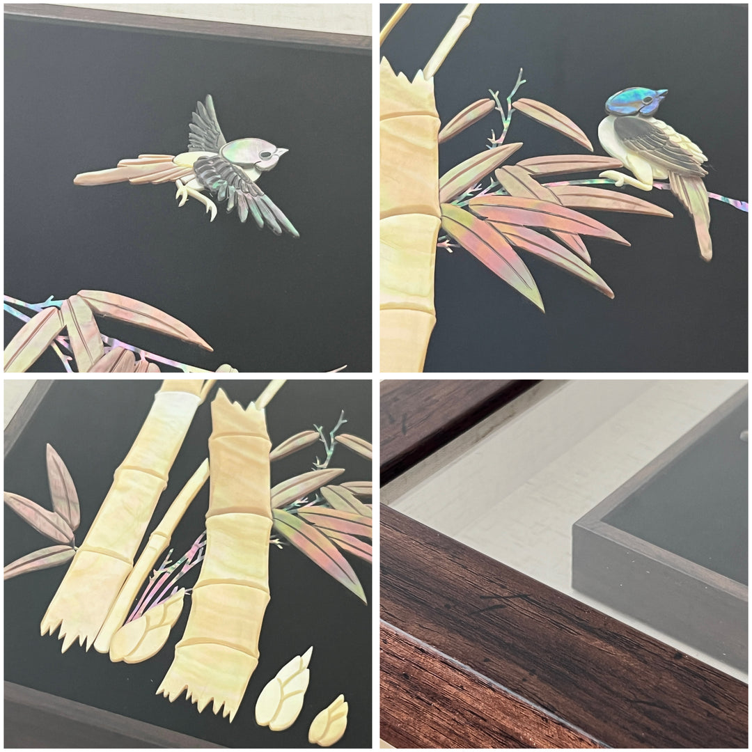 Mother of Pearl Artwork with Bamboo and Birds Pattern in Wooden Frame (자개 원패 죽조문 액자)