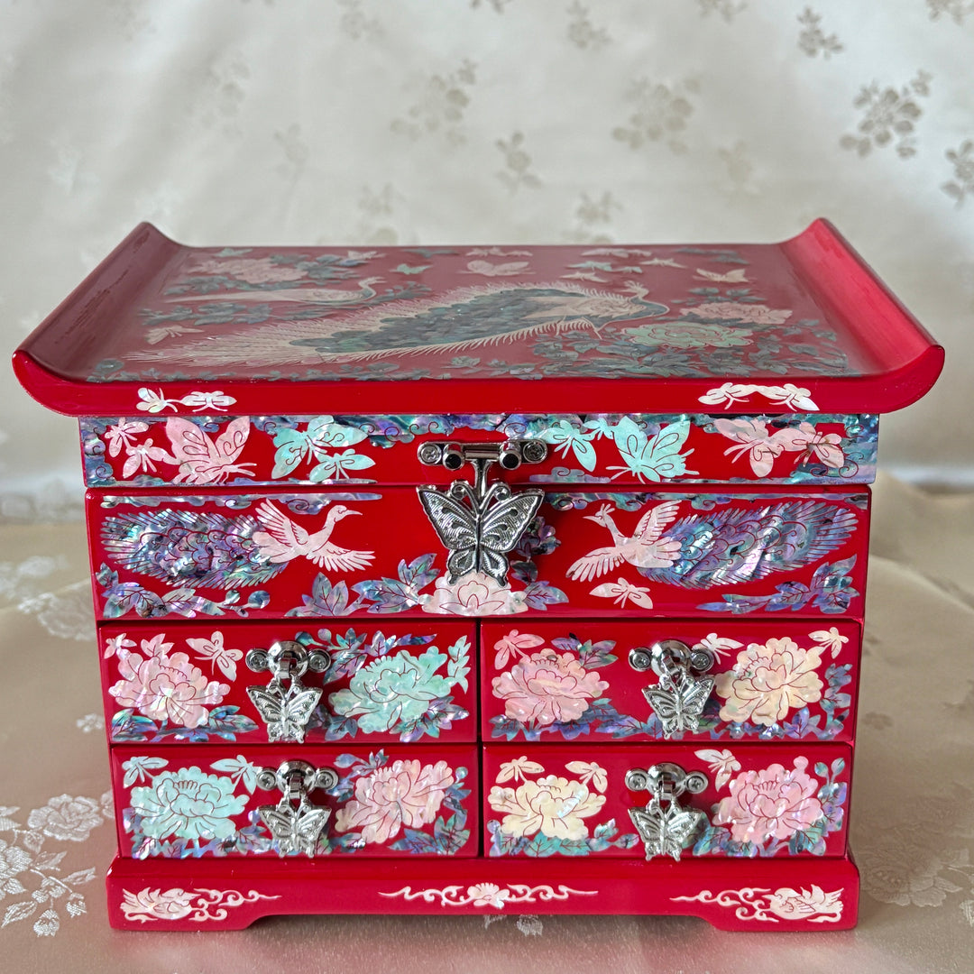 Mother-of-Pearl Jewelry Chest: Red Body with Peacock Motif in Scholar’s Desk Form