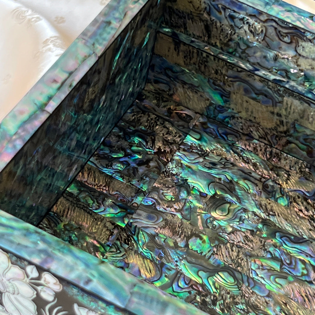 Close-up of abalone-shell ground with iridescent mother-of-pearl texture on a Korean jewelry box