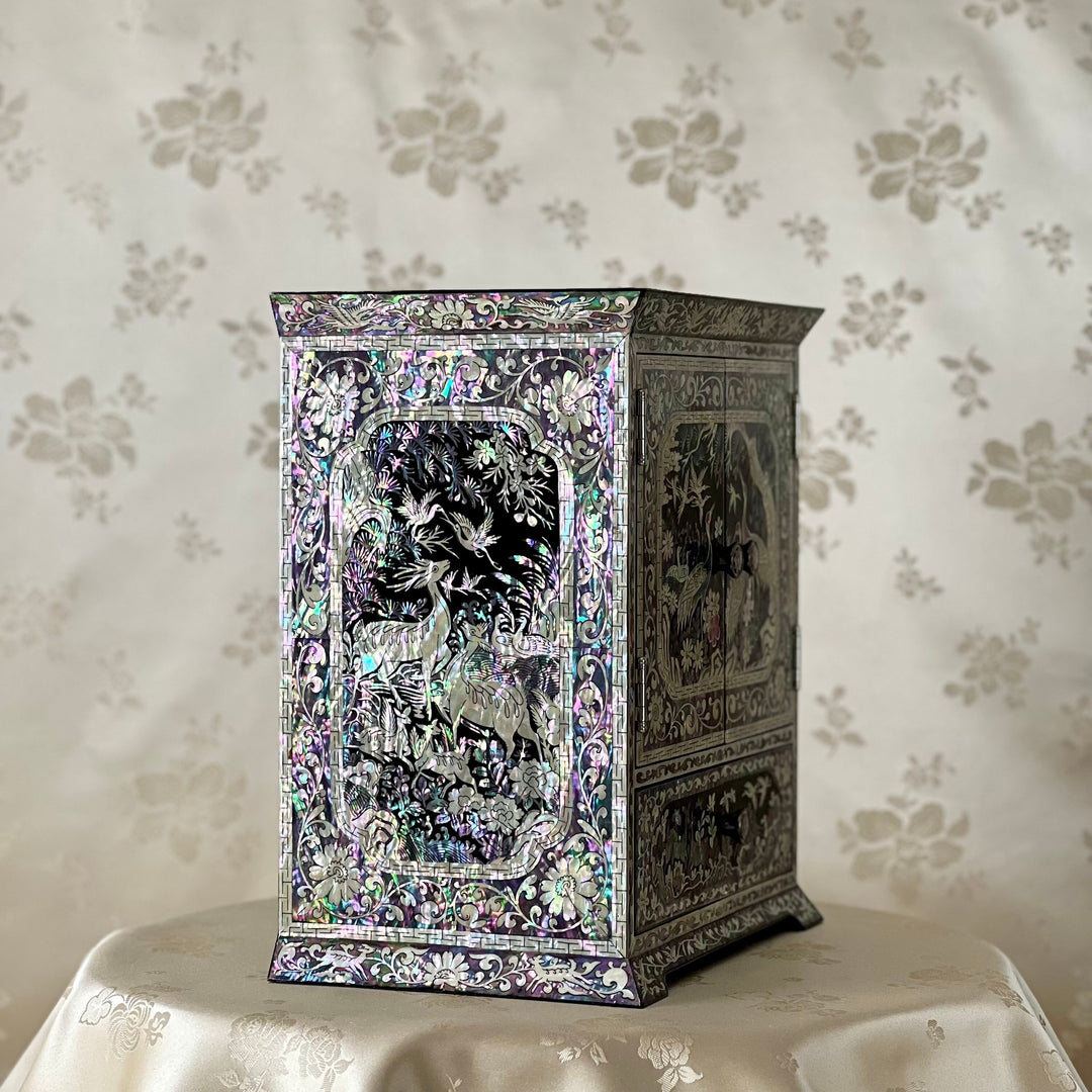 長寿のシンボルの模様が描かれたマザーオブパール両開きミドルジュエリーボックス (자개 장생문 양문 보석함)
