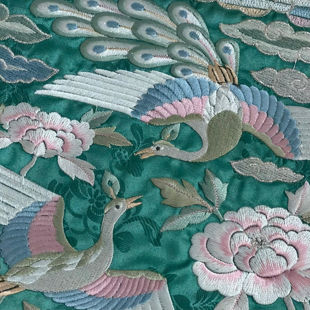 Embroidered Art Panel: Double Peacock and Peony Motif on Green Ground