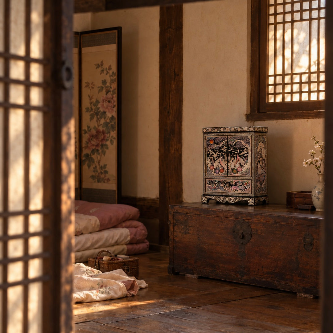 Mother-of-Pearl Double-Doored Jewelry Chest: Grand scale, Ten Symbols of Longevity Motif