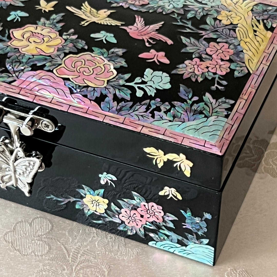 Mother-of-Pearl Jewelry Box: Plum Blossom and Bird Floral Motif on Black Ground