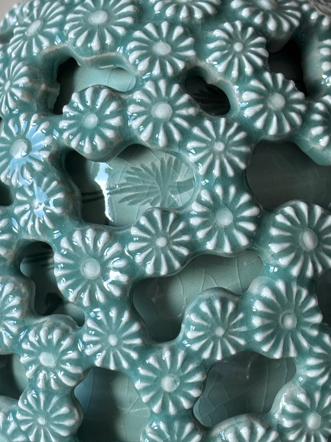 Celadon Vase: Double-Walled Openwork with Chrysanthemum and Crane-Plum Blossom Motifs