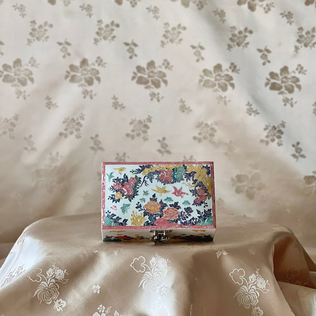 Mother-of-Pearl Jewelry Box: Peony and Bird Floral Motif on White Ground