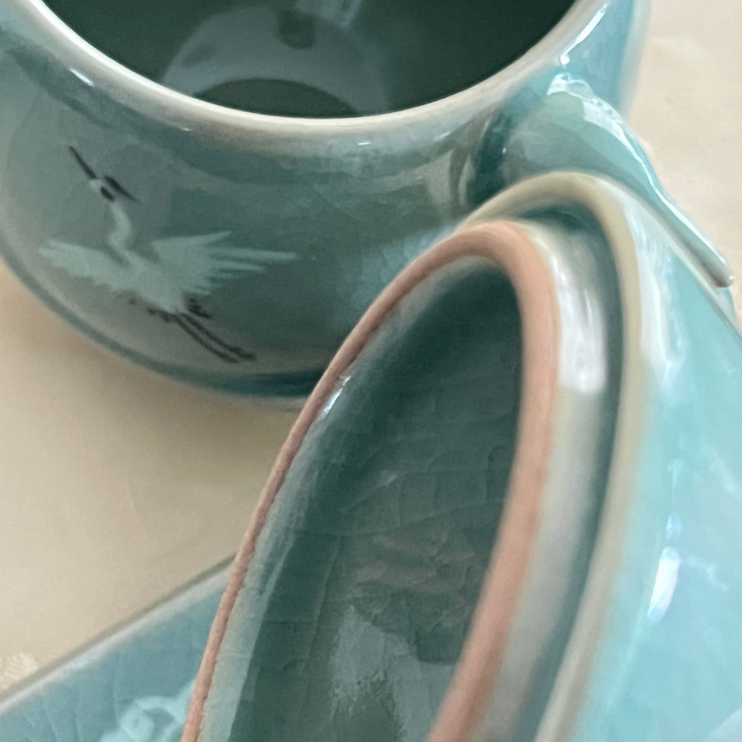 Celadon Tea Cup: Crane Egg Shaped, Inlaid Crane and Cloud Motif
