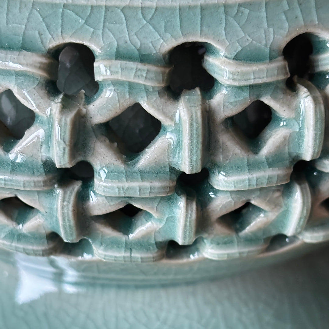 Celadon Incense Burner: Double-Wall Openwork with Inlaid Crane Motif and Dragon Handles