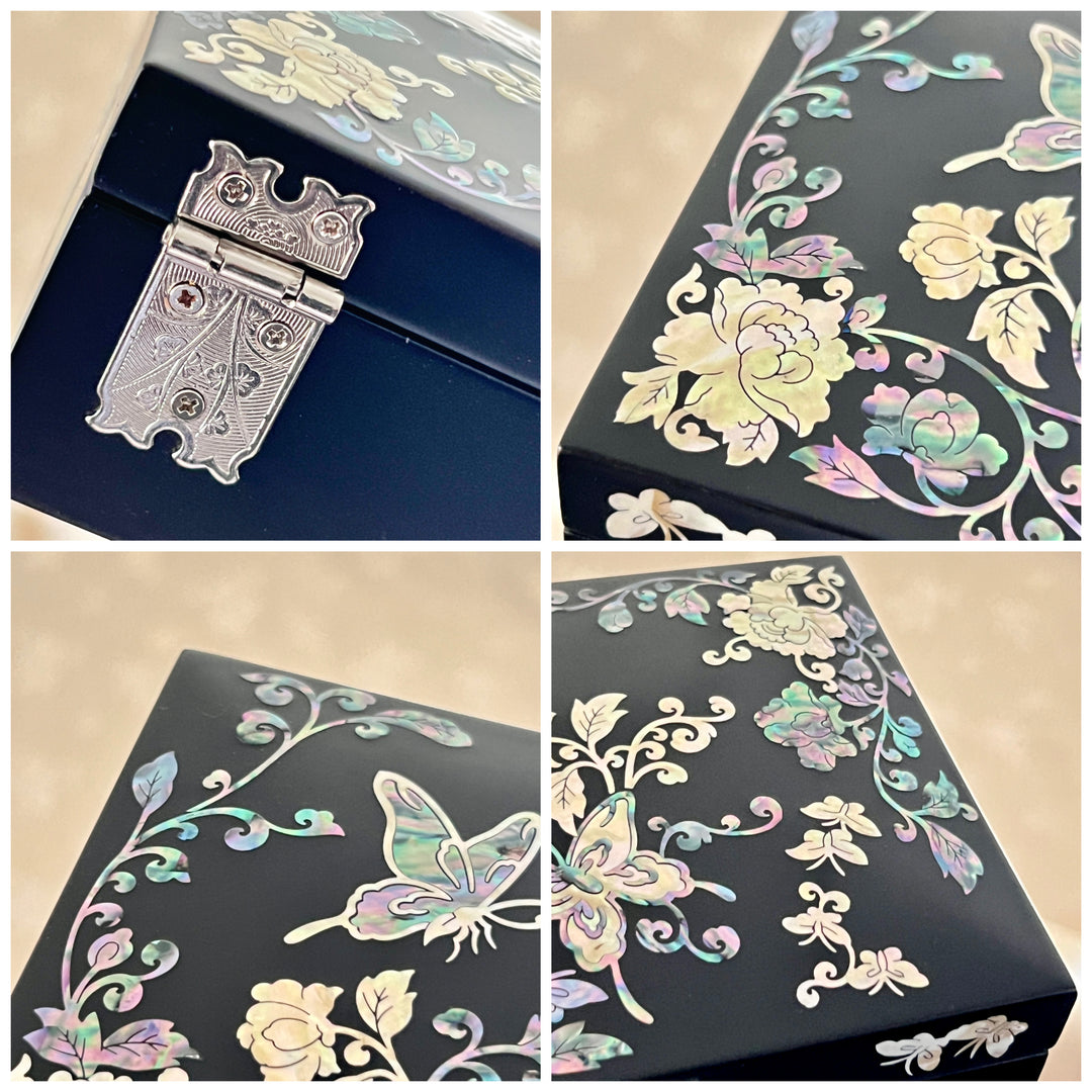 Mother of Pearl Handmade Wooden Black Jewelry Box with Butterfly and Peony Pattern (자개 호접 목단문 보석함)