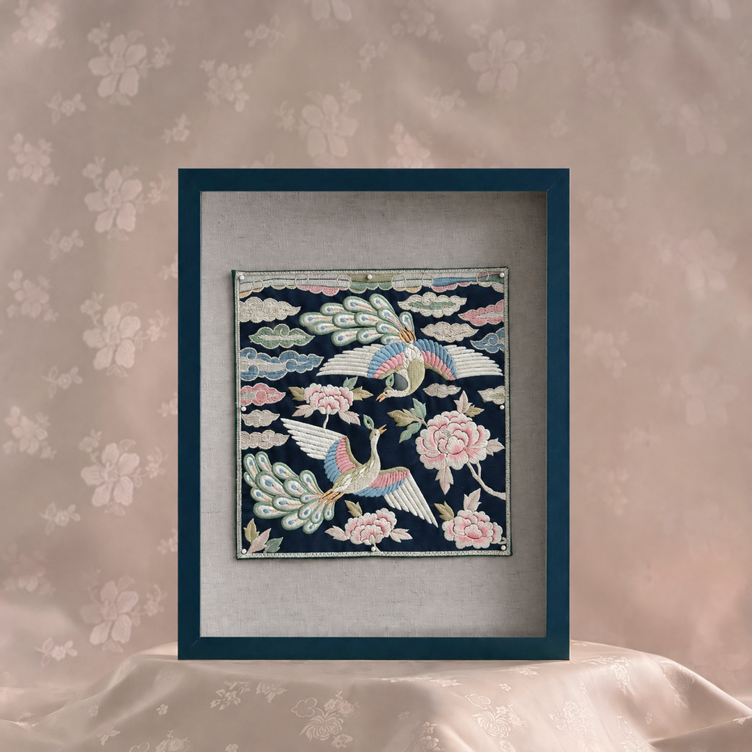 Embroidered Art Panel: Double Peacock and Peony Motif on Deep Navy Ground