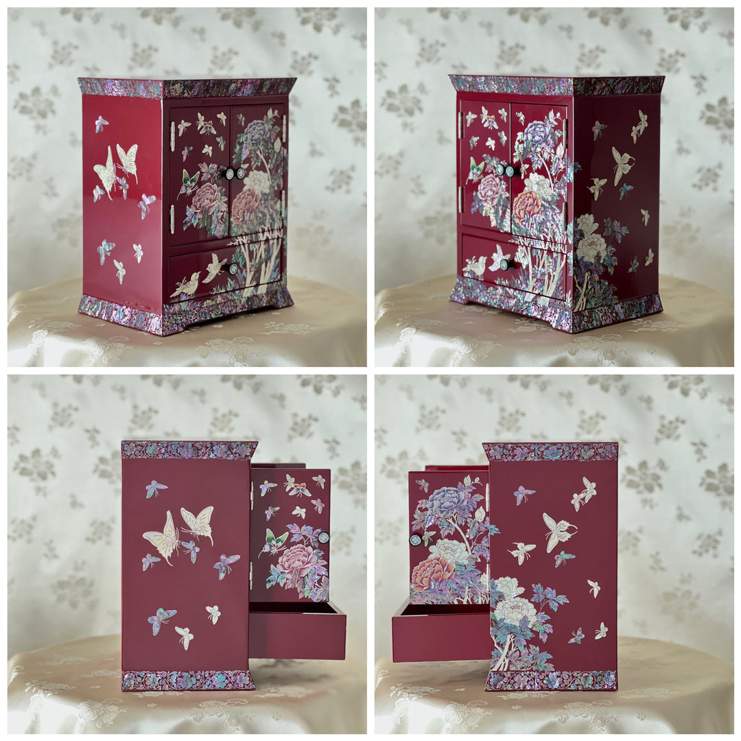 Mother-of-Pearl Double-Doored Jewelry Chest: Peony, Butterfly and Bird Motif on Wine Ground