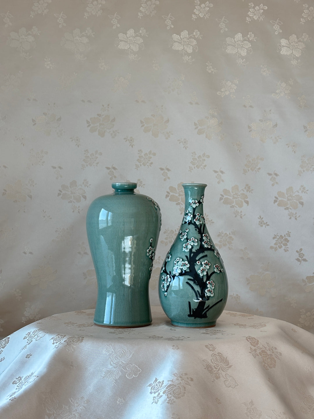 Korean celadon Maebyeong and Jubyeong Vase Set: with Plum Blossom Motif