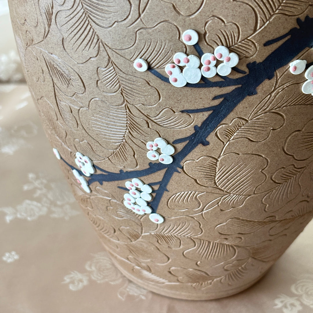 Unglazed Ceramic Vase: Buncheong Clay Body with Plum Blossom Branch and Openwork Rim