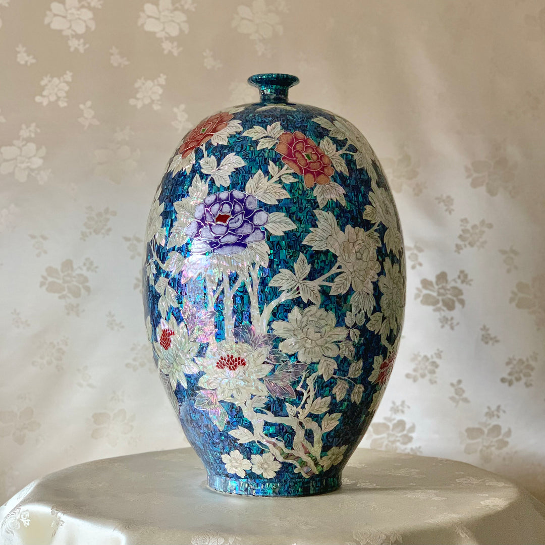 Ceramic Mother of Pearl Long Vase with Butterfly Peony Pattern (자개 호접 목단문 호)