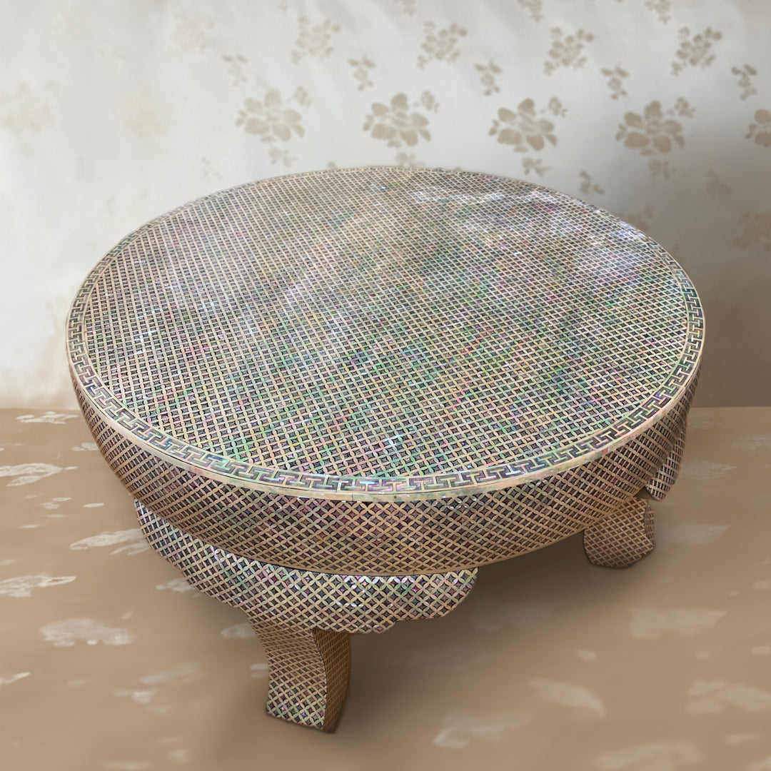 Mother of Pearl Round Shaped Wooden Tea Table with Chilbo Pattern