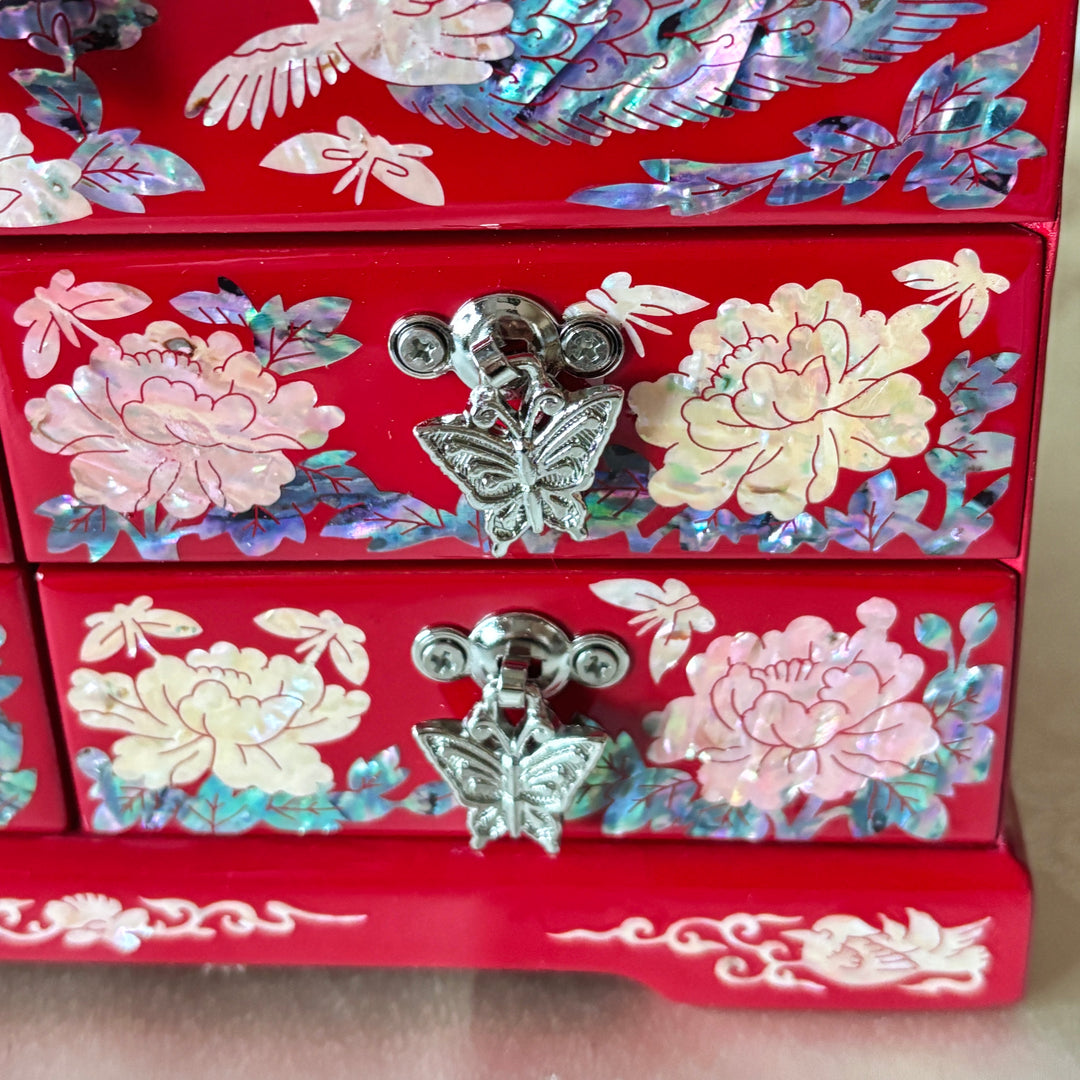 Mother-of-Pearl Jewelry Chest: Red Body with Peacock Motif in Scholar’s Desk Form