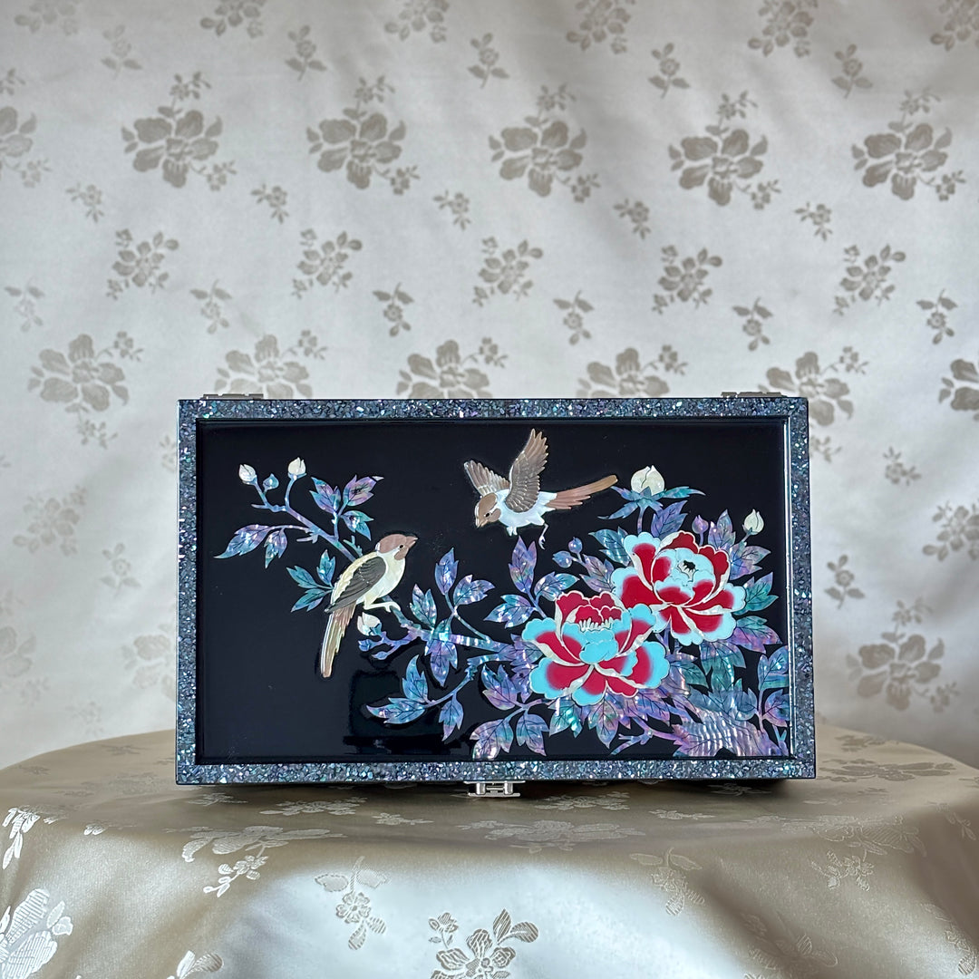 Mother-of-Pearl Jewelry Box: Sculpted Whole-Shell Birds and Peonies on Deep Black