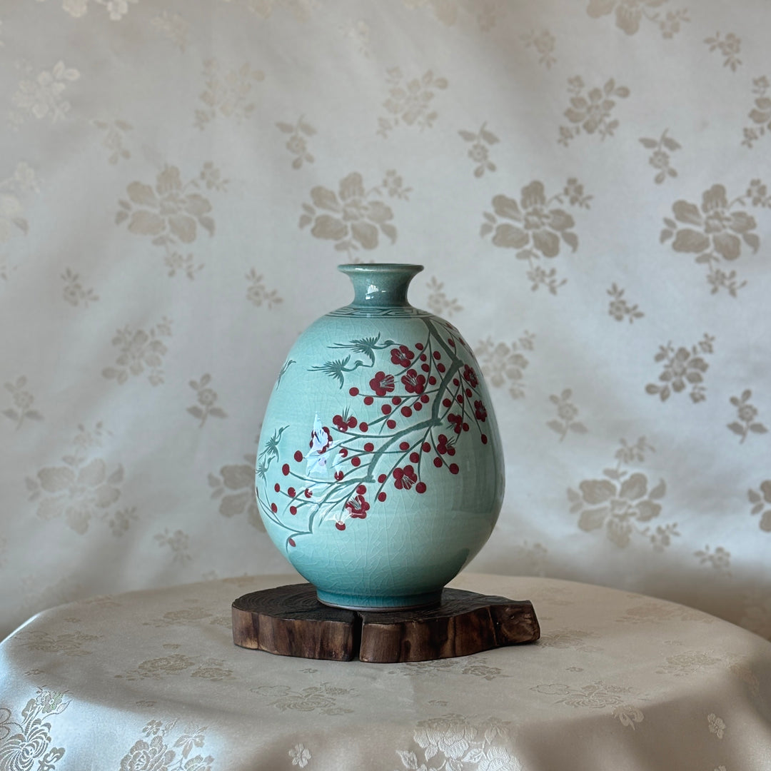 Celadon Vase: White Slip Sgraffito (Bakji) with Plum Blossom and Crane Motif