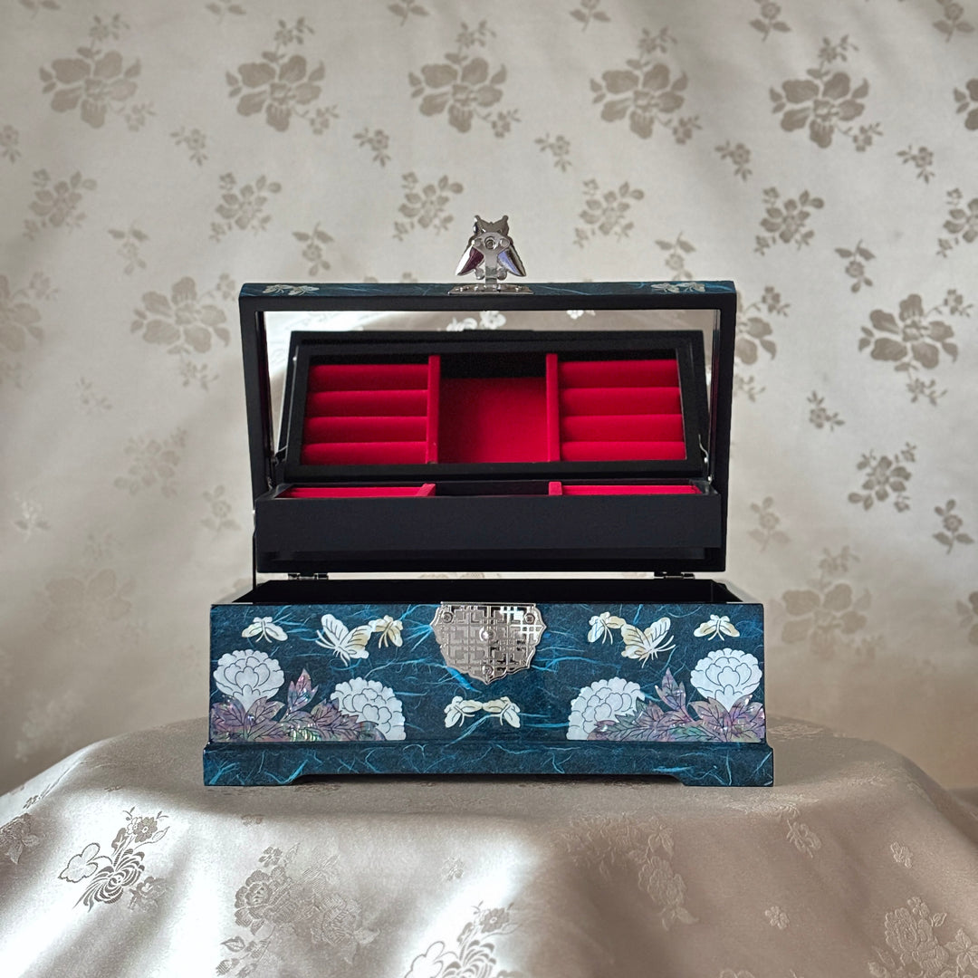 Mother of Pearl Jewelry Box: Butterfly and Peony Motif on Navy Hanji
