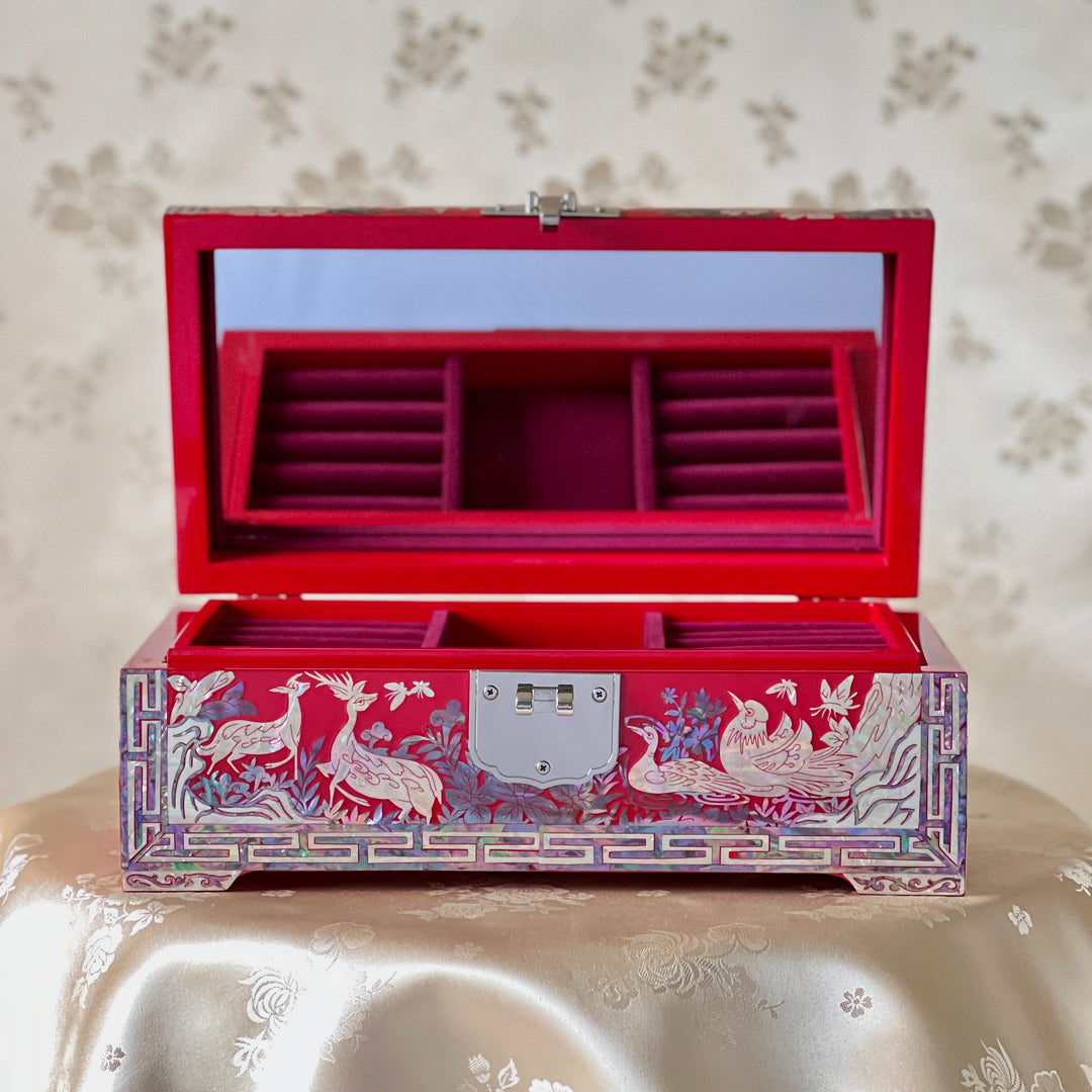 Mother of Pearl Red Jewelry Box with Plum Blossom Tree and Bird Pattern (자개 매조문 보석함)